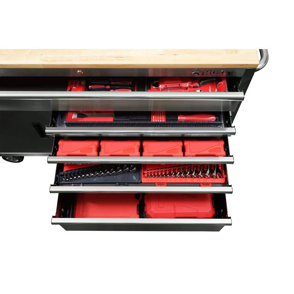 52 in. W x 25 in. D Standard Duty 5 Drawer 1 Door Mobile Workbench Tool Chest with Solid Wood Top in. Stainless Steel