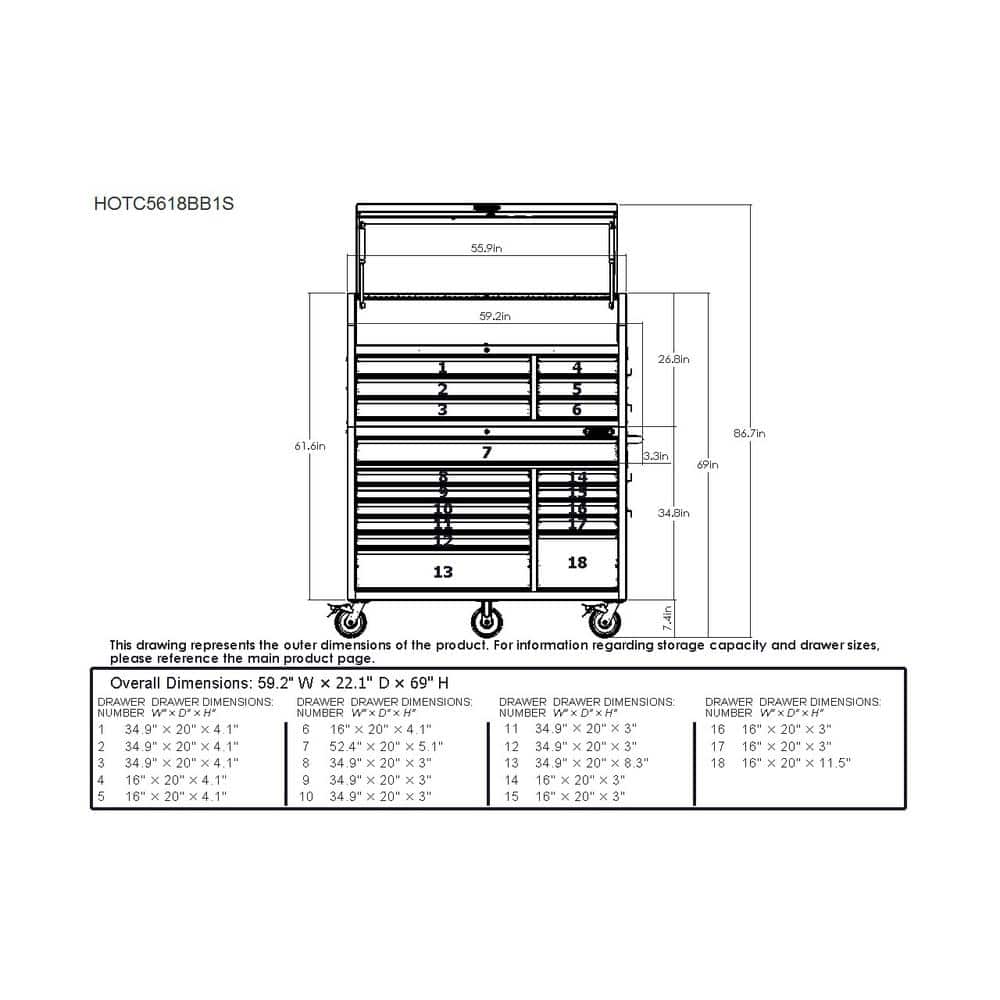 56 in. W x 22 in. D Heavy Duty 18 Drawer Combination Rolling Tool Chest and Top Tool Cabinet Set in. Matte Black