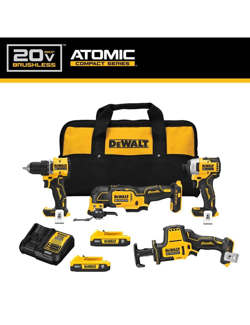 ATOMIC 20-Volt Lithium-Ion Cordless Brushless Combo Kit (4-Tool) with (2) 2.0Ah Batteries, Charger and Bag