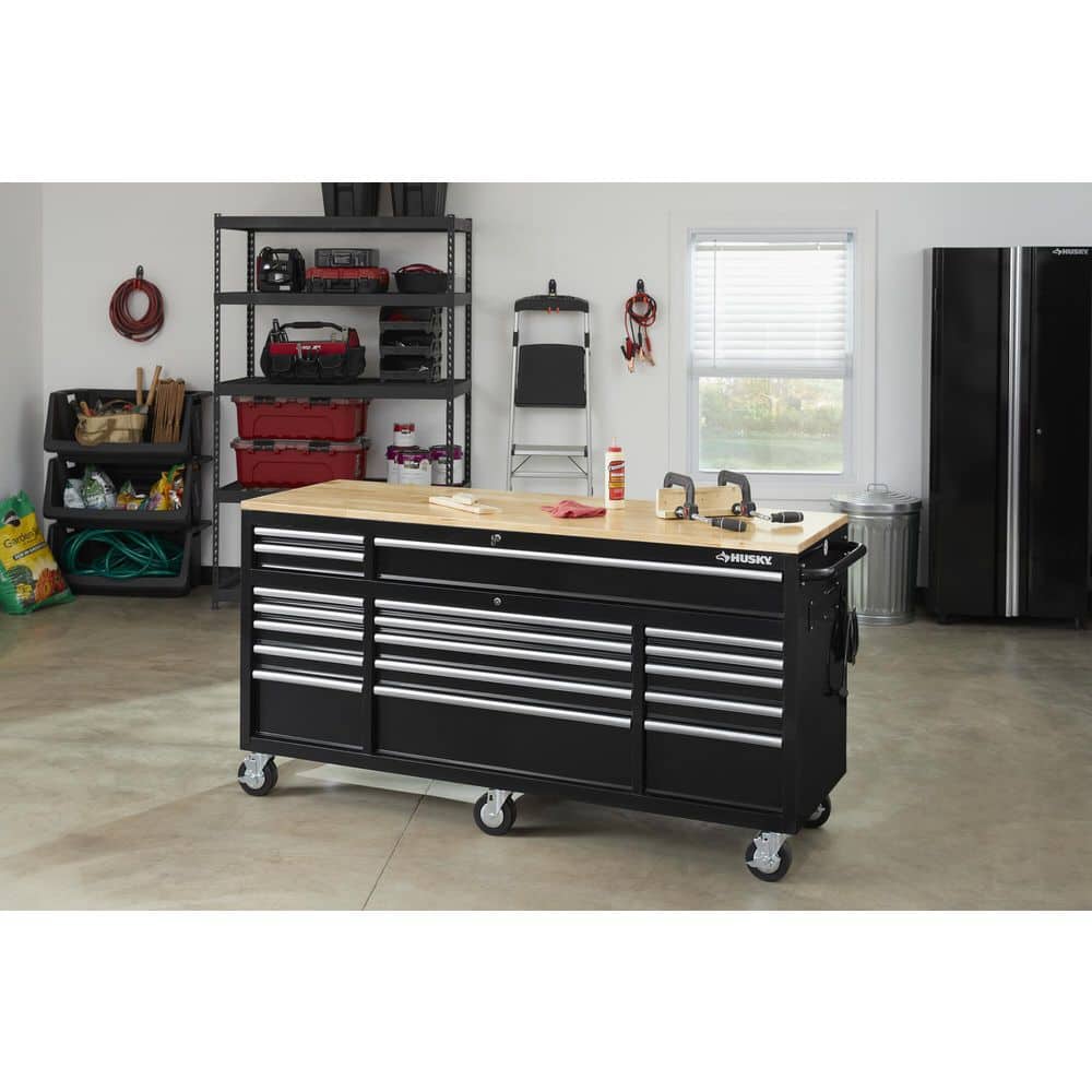 72 in. W x 24 in. D Standard Duty 18 Drawer Mobile Workbench Tool Chest with Solid Wood Top in. Gloss Black