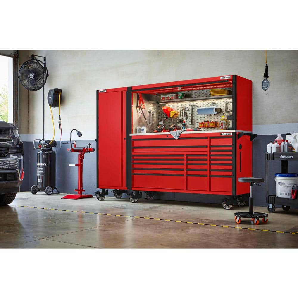 72 in. W x 24 5 in. D Professional Duty 20 Drawer Mobile Workbench Combo with Side Locker and Top Hutch in. Gloss Red