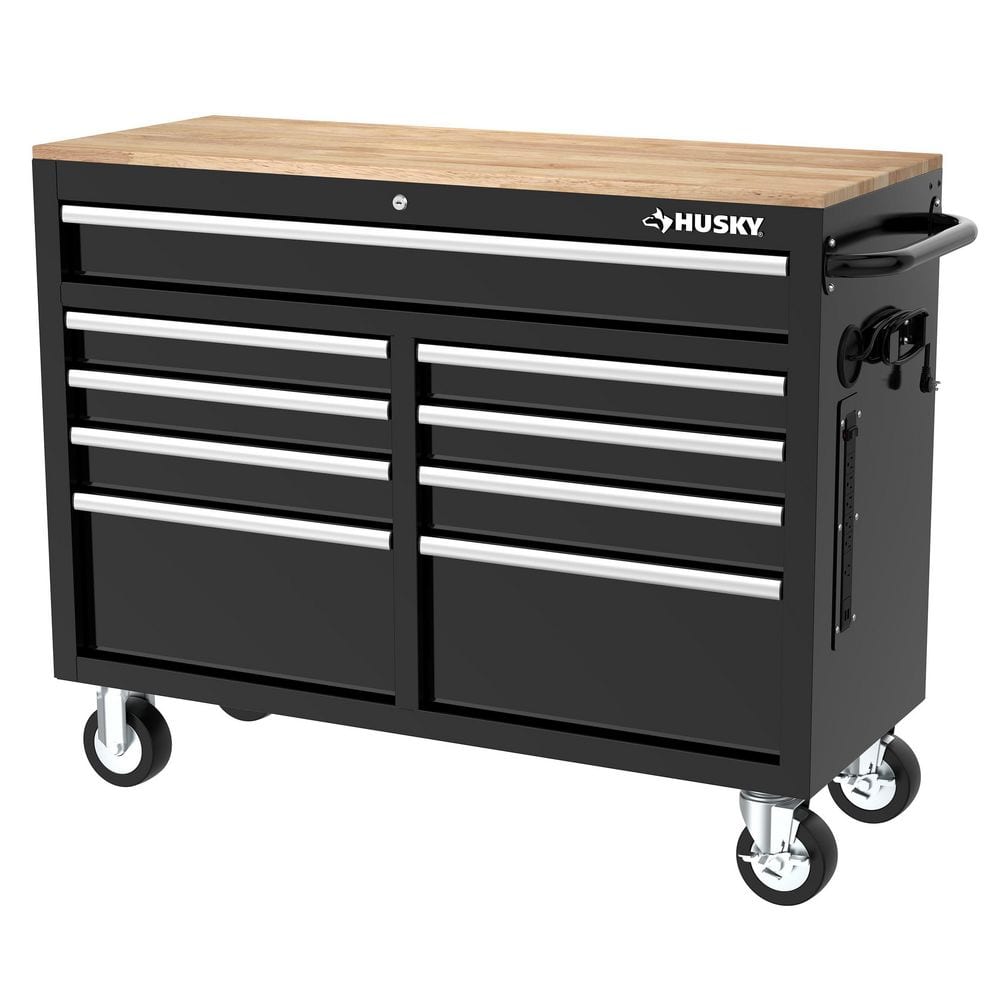 52 in. W x 25 in. D Standard Duty 9 Drawer Mobile Workbench Cabinet with Solid Wood Top in. Gloss Gray