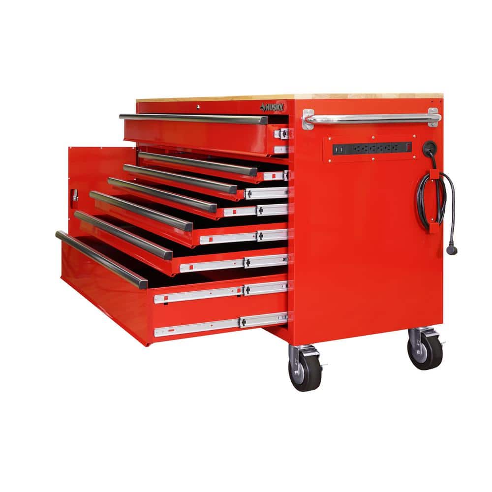 61 in. W x 22 1 in. D Standard Duty 7 Drawer 1 Door Mobile Workbench Tool Chest with Solid Wood Top in. Gloss Red