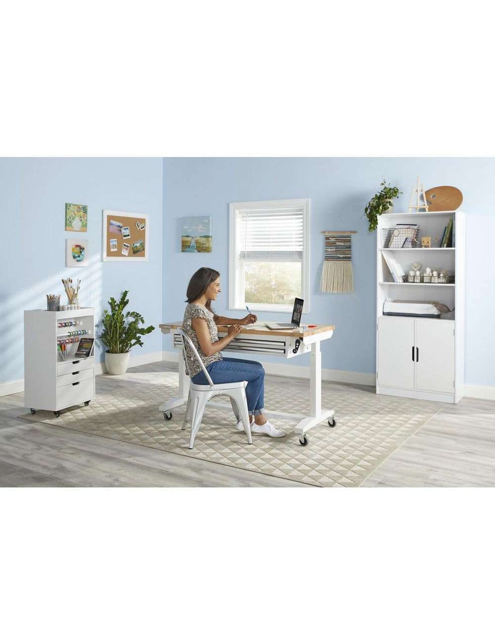 52 in. W x 24 in. D Steel 2-Drawer Adjustable Height Solid Wood Top Workbench Table in White