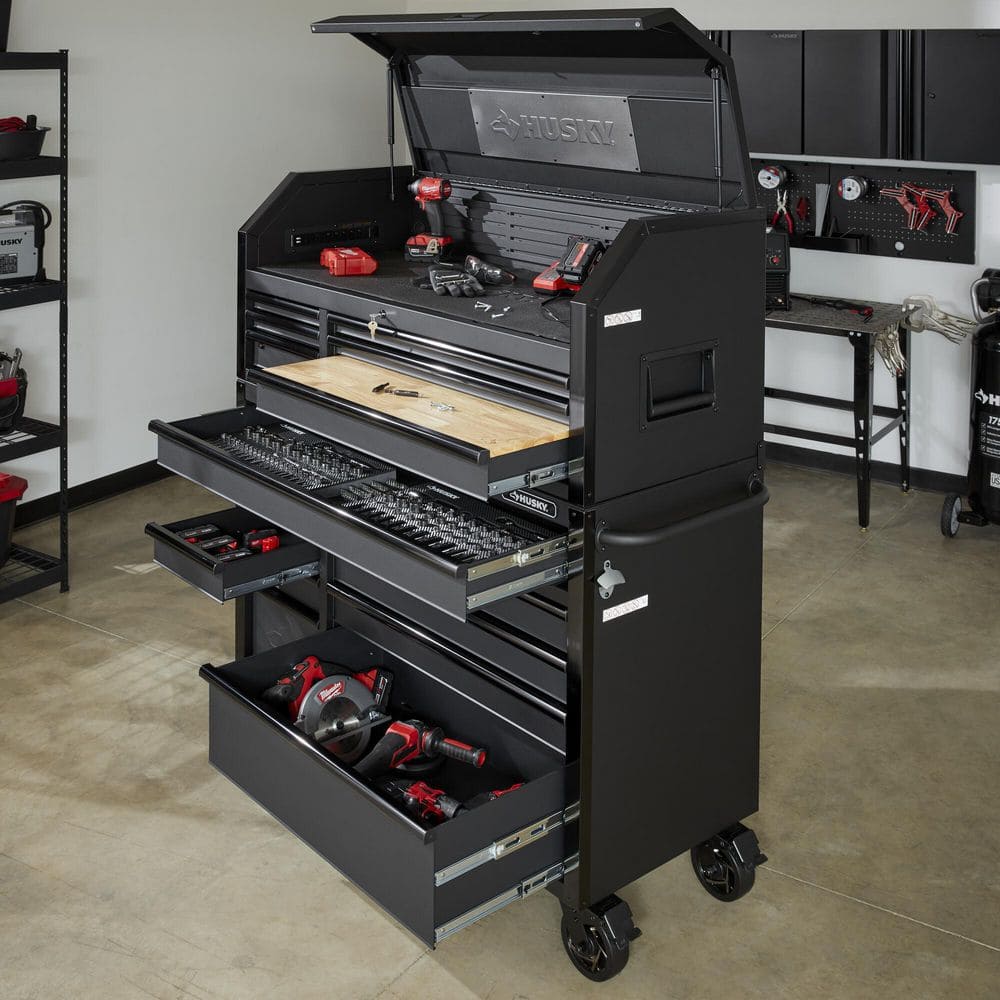 52 in. W x 21 5 in. D Heavy Duty 15 Drawer Combination Rolling Tool Chest Top Tool Cabinet with LED Light in. Matte Black