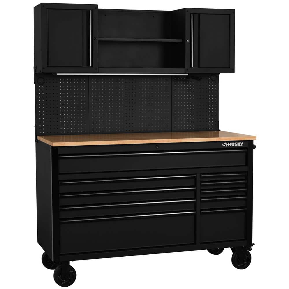 56 in. W x 27 6 in. D 10 Drawer Matte Black Heavy Duty Mobile Workbench with Pegboard and Top Cabinets