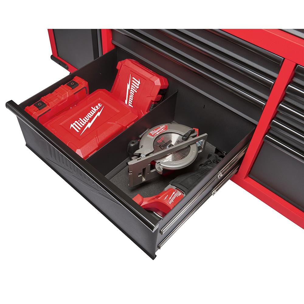 61 in. 11 Drawer 1 Door 22 in. D Mobile Workbench with Sliding Pegboard Back Wall in. Red Black