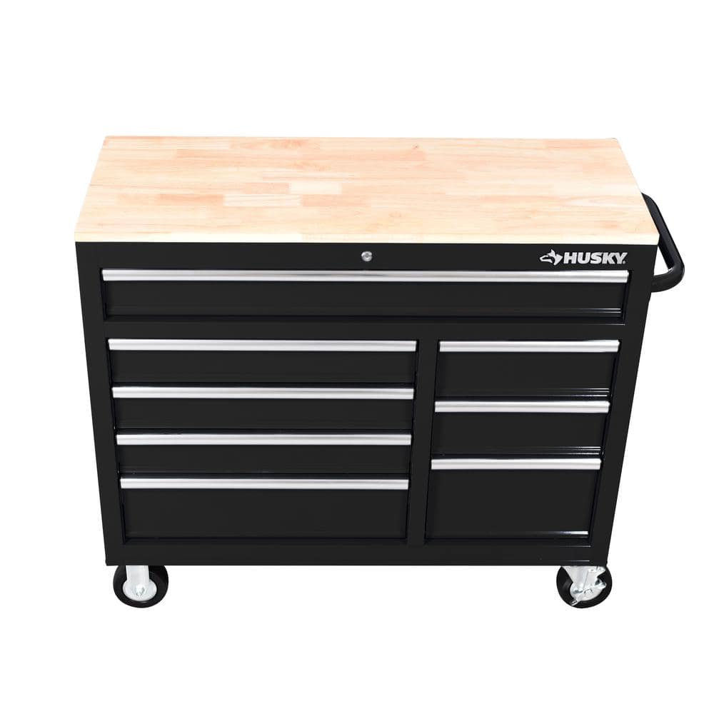 42 in. W x 18 1 in. D 8 Drawer Black Mobile Workbench Cabinet with Solid Wood Top