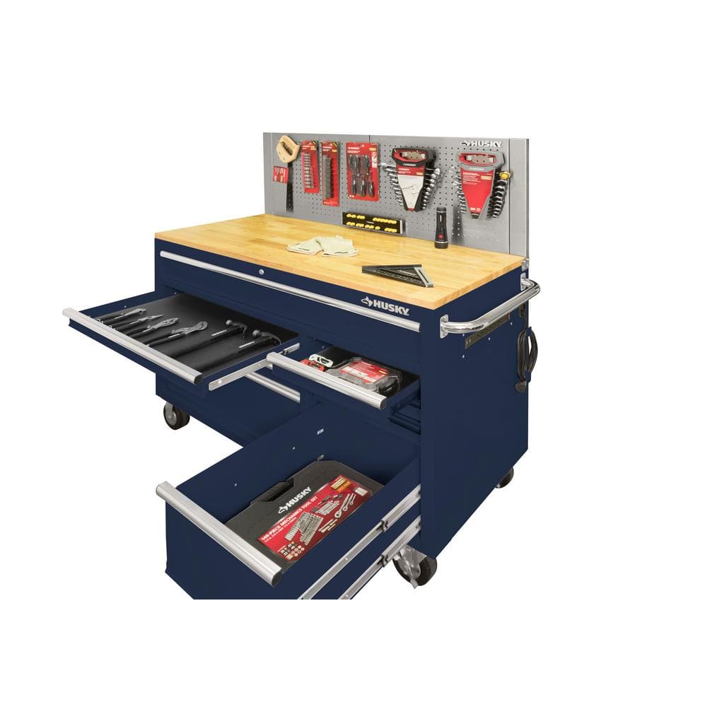 52 in. W x 24 5 in. D 9 Drawer Standard Duty Mobile Workbench with Solid Work Top and Pegboard in. Gloss Blue