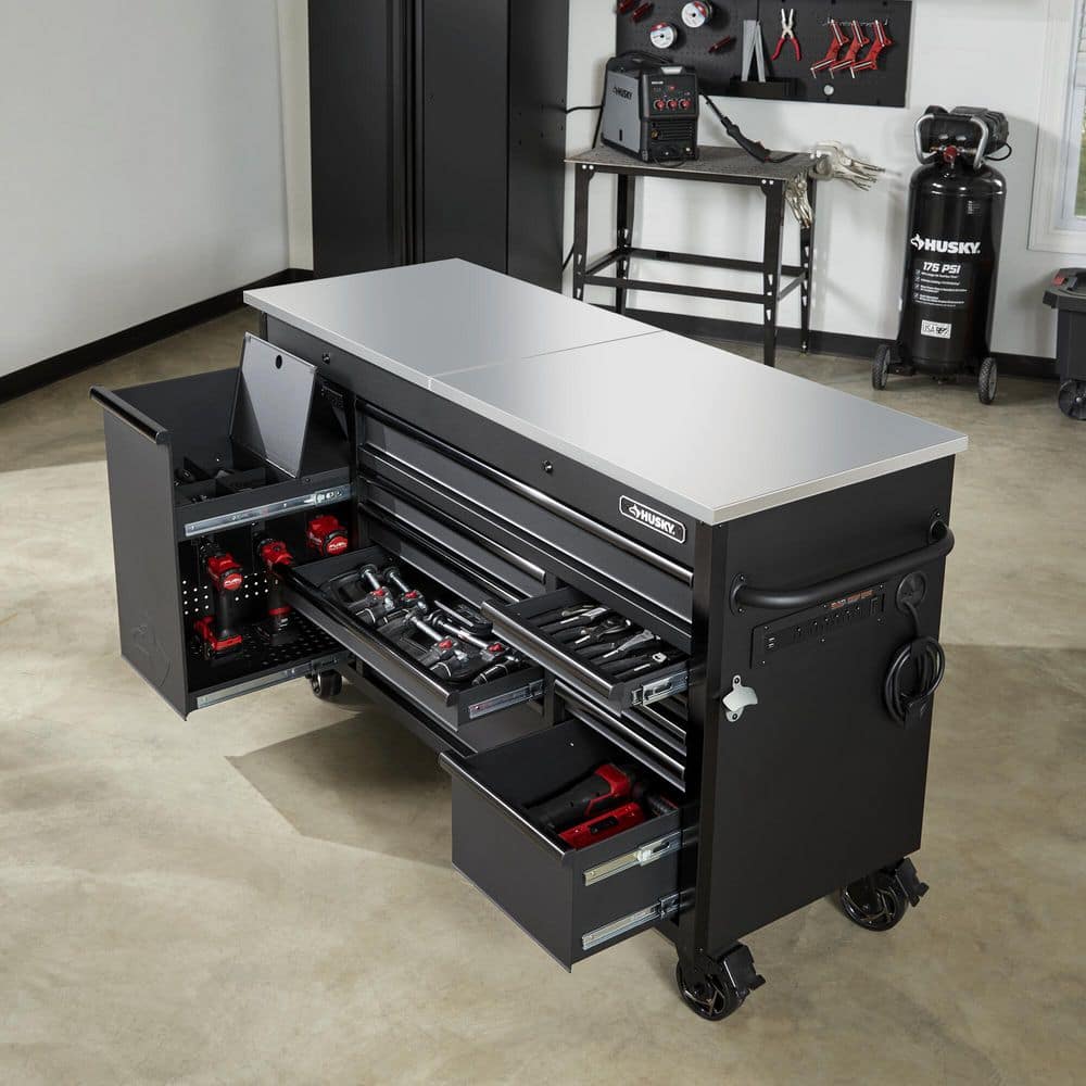 63 in. W x 23 in. D Heavy Duty 11 Drawer Mobile Workbench Cabinet with Flip Top Stainless Steel Top in. Matte Black