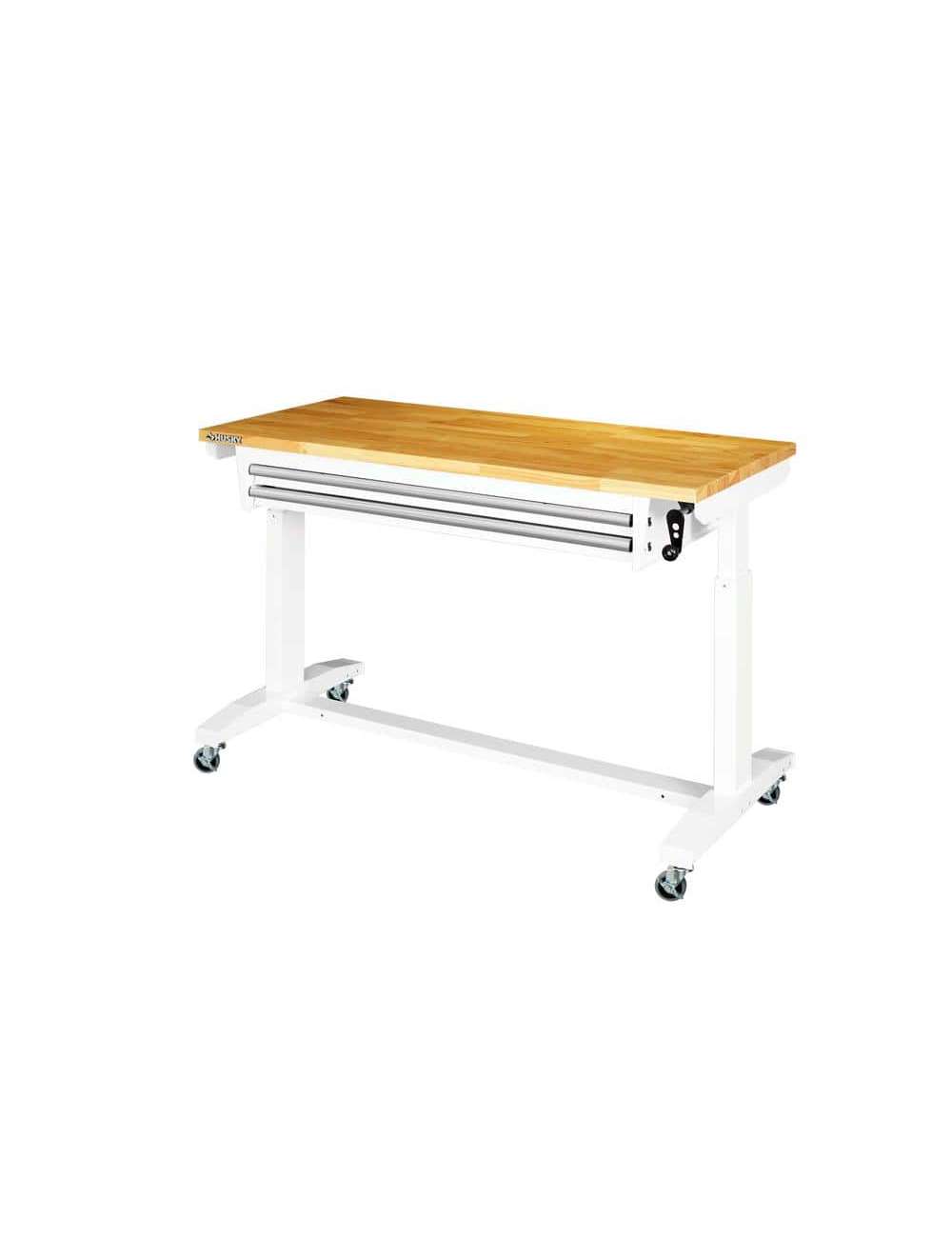 52 in. W x 24 in. D Steel 2-Drawer Adjustable Height Solid Wood Top Workbench Table in White