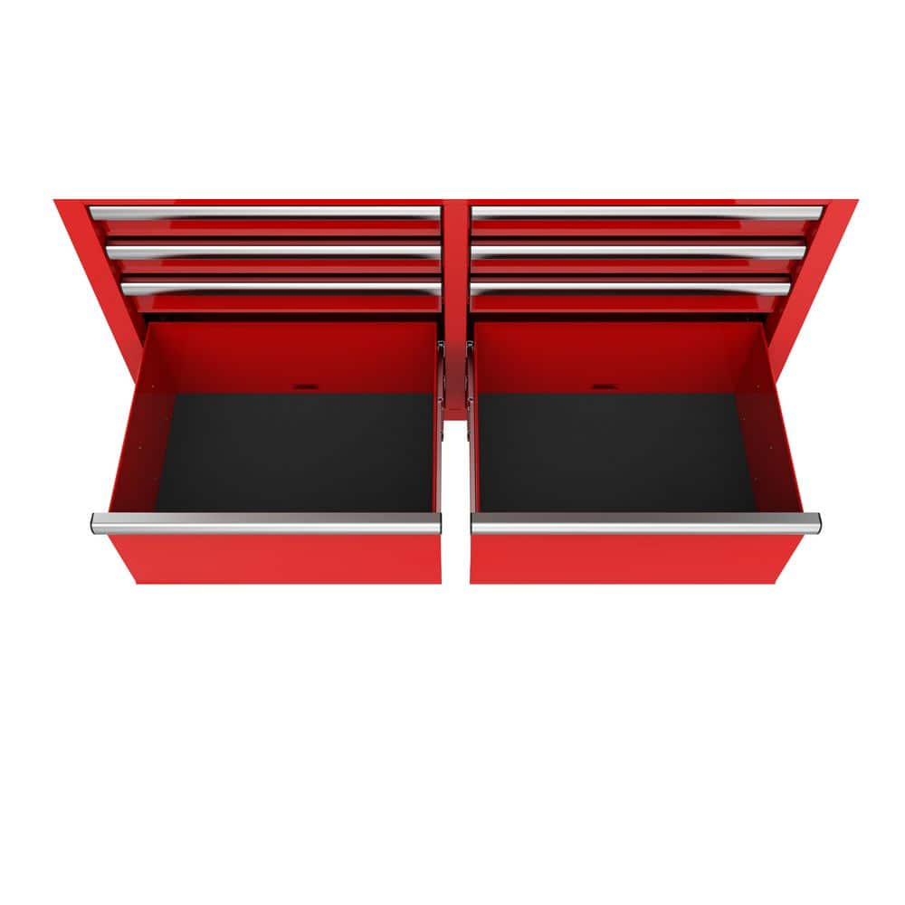 46 in. W x 18 in. D 9 Drawer Gloss Red Mobile Workbench Cabinet with Solid Wood Top