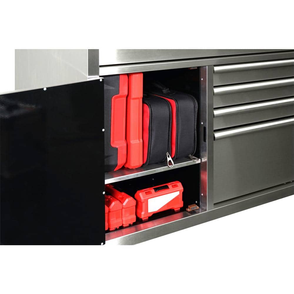 52 in. W x 25 in. D Standard Duty 5 Drawer 1 Door Mobile Workbench Tool Chest with Solid Wood Top in. Stainless Steel