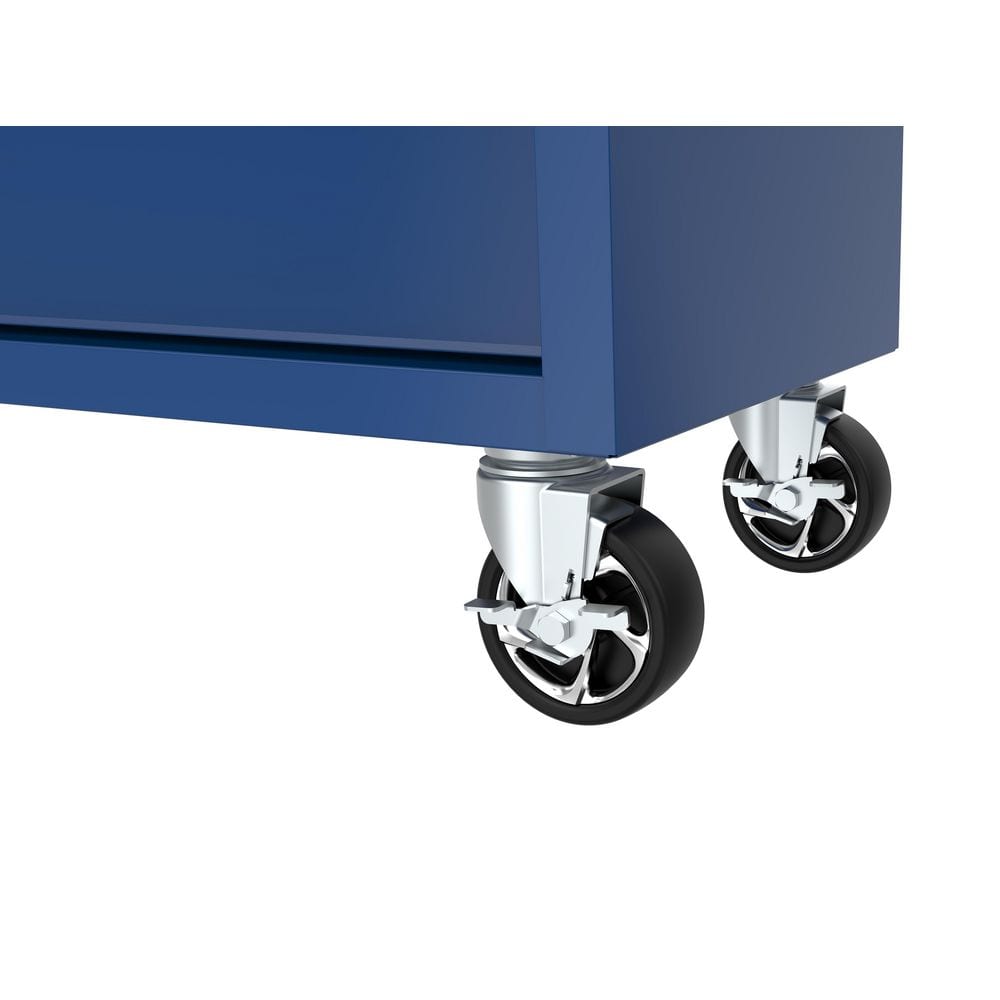 46 in. W x 18 in. D 9 Drawer Gloss Blue Mobile Workbench Cabinet with Solid Wood Top