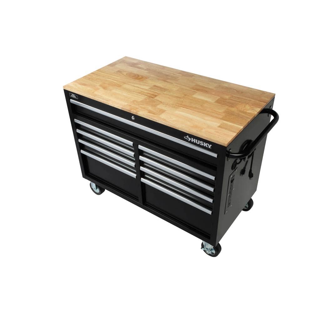 46 in. W x 24 5 in. D Standard Duty 9 Drawer Mobile Workbench Cabinet with Solid Wood Top in. Gloss Black
