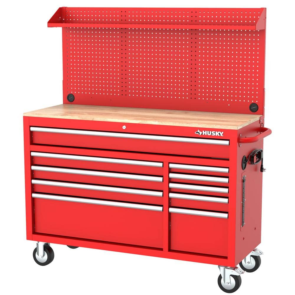 Modular 52 in. W 10 Drawer Red Mobile Workbench Cabinet with Pegboard