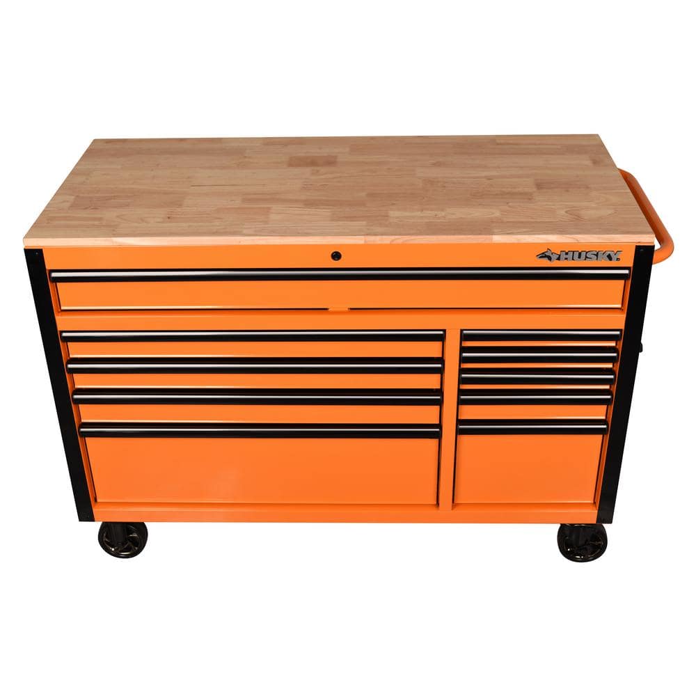 52 in. W x 24 5 in. D Standard Duty 10 Drawer Mobile Workbench Tool Chest with Solid Wood Work Top in. Gloss Orange