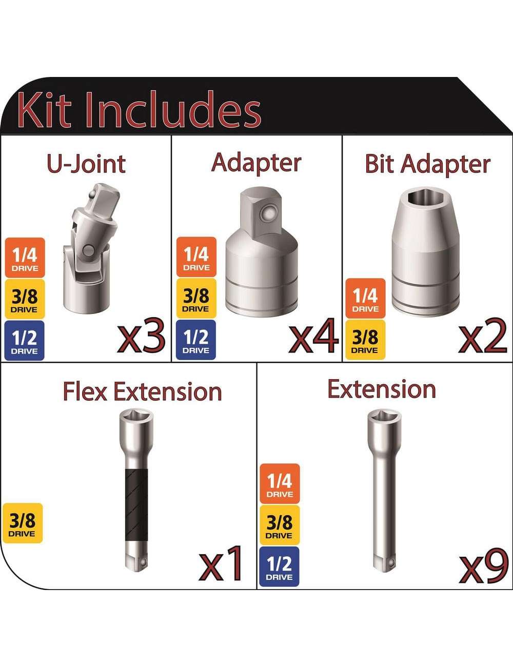 1/4 in., 3/8 in., 1/2 in. Drive Accessory Set (19-Piece)