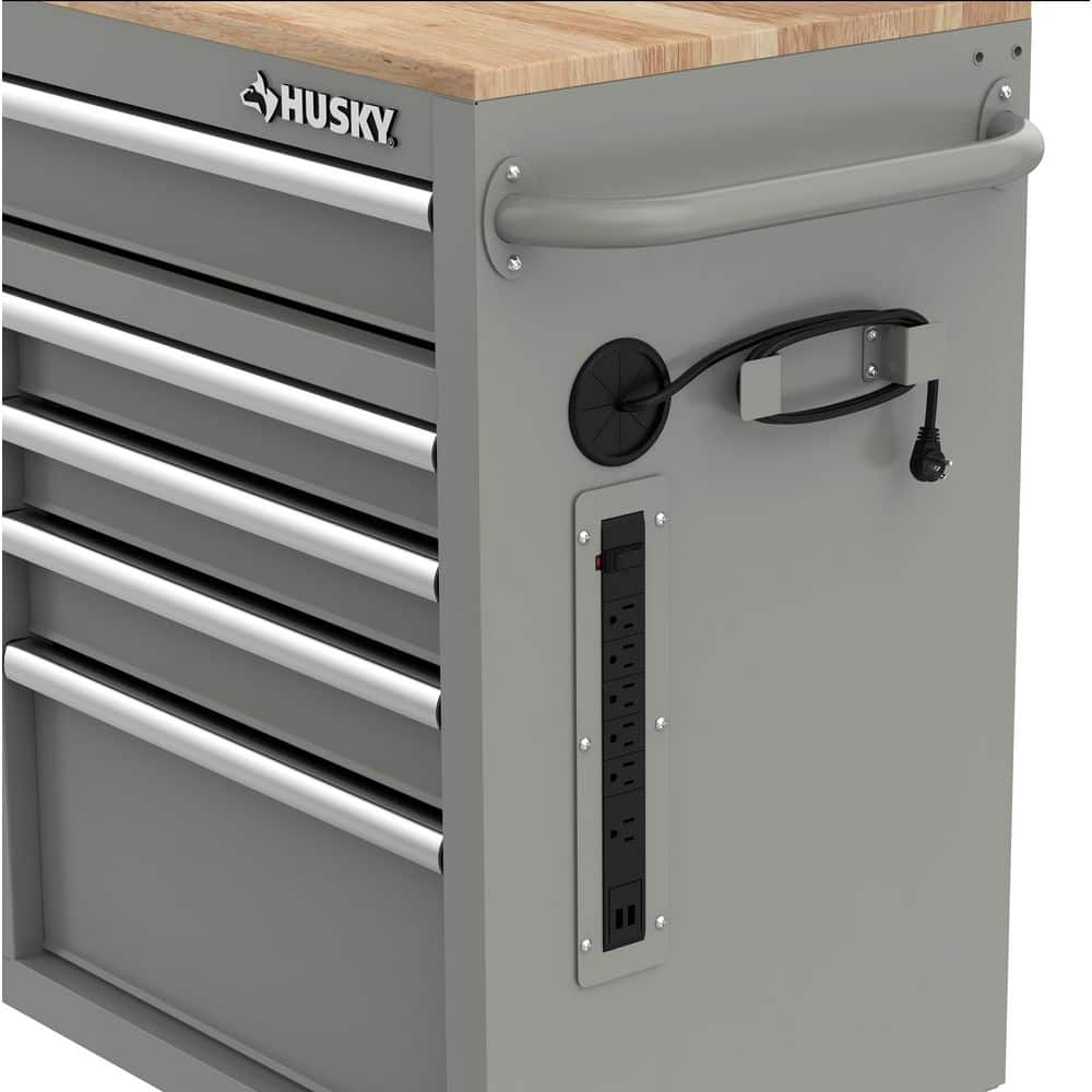 46 in. W x 18 in. D 9 Drawer Gloss Gray Mobile Workbench Cabinet with Solid Wood Top