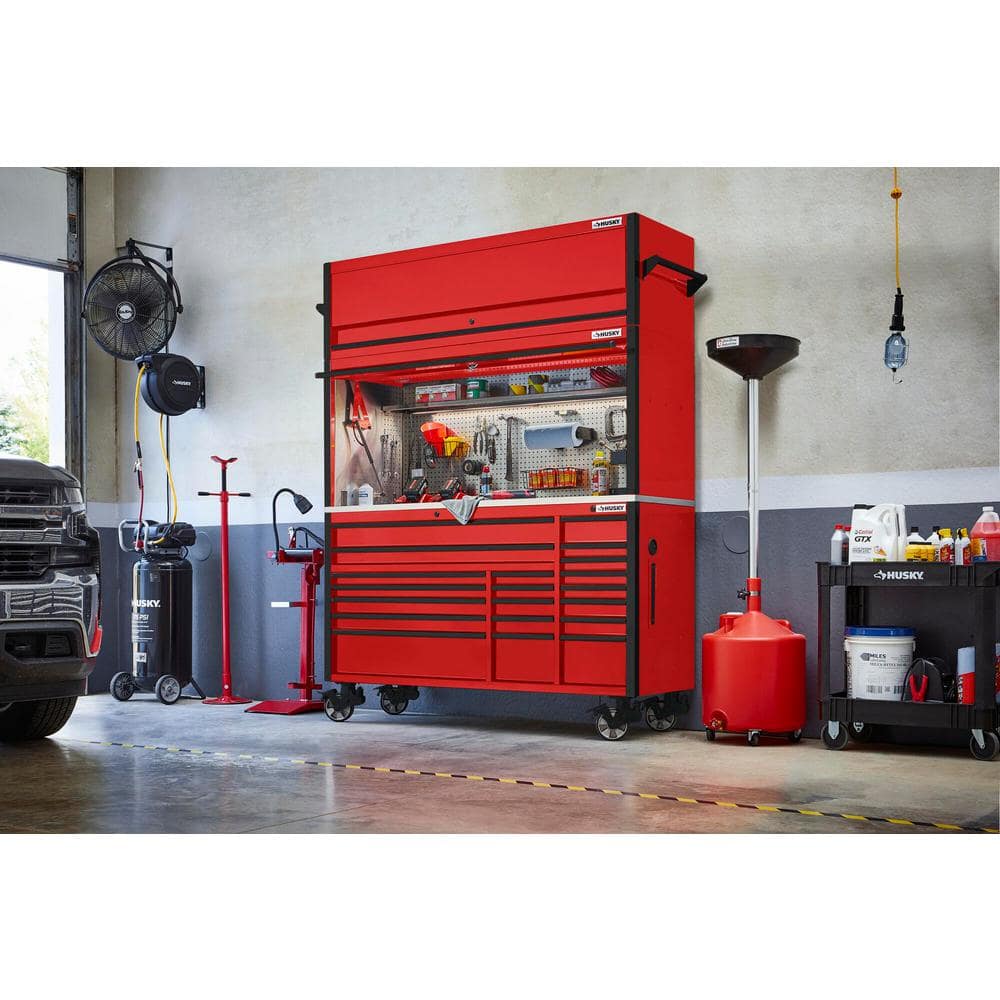 72 in. W x 24 5 in. D Professional Duty 20 Drawer Mobile Workbench Combo w 2 Side Lockers 2 Top Lockers and Top Hutch