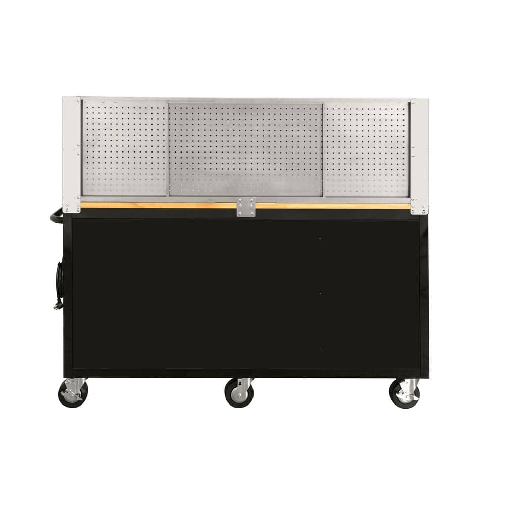 62 in. W x 24 in. D Standard Duty 14 Drawer Mobile Workbench Tool Chest with Solid Wood Top and Pegboard in. Gloss Black