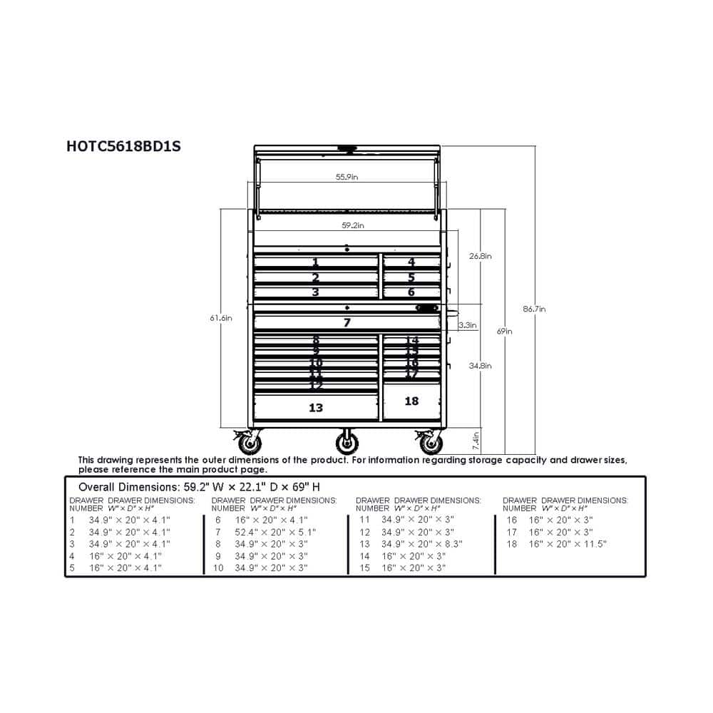 56 in. W x 22 in. D Heavy Duty 18 Drawer Combination Rolling Tool Chest and Top Tool Cabinet Set in. Matte Gray
