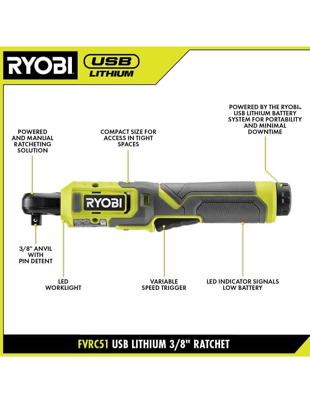 USB Lithium 3/8 in. Ratchet Kit with 2.0 Ah Battery and USB Charging Cable