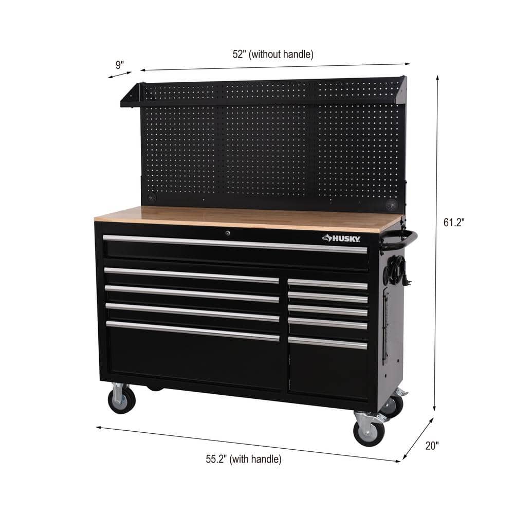 Modular 52 in. W 10 Drawer Black Mobile Workbench Cabinet with Pegboard