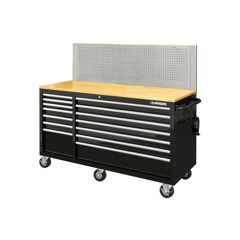 62 in. W x 24 in. D Standard Duty 14 Drawer Mobile Workbench Tool Chest with Solid Wood Top and Pegboard in. Gloss Black