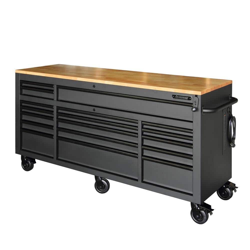 72 in. x 24 in. D Standard Duty 18 Drawer Mobile Workbench Tool Chest with Solid Wood Top in. Stainless Steel