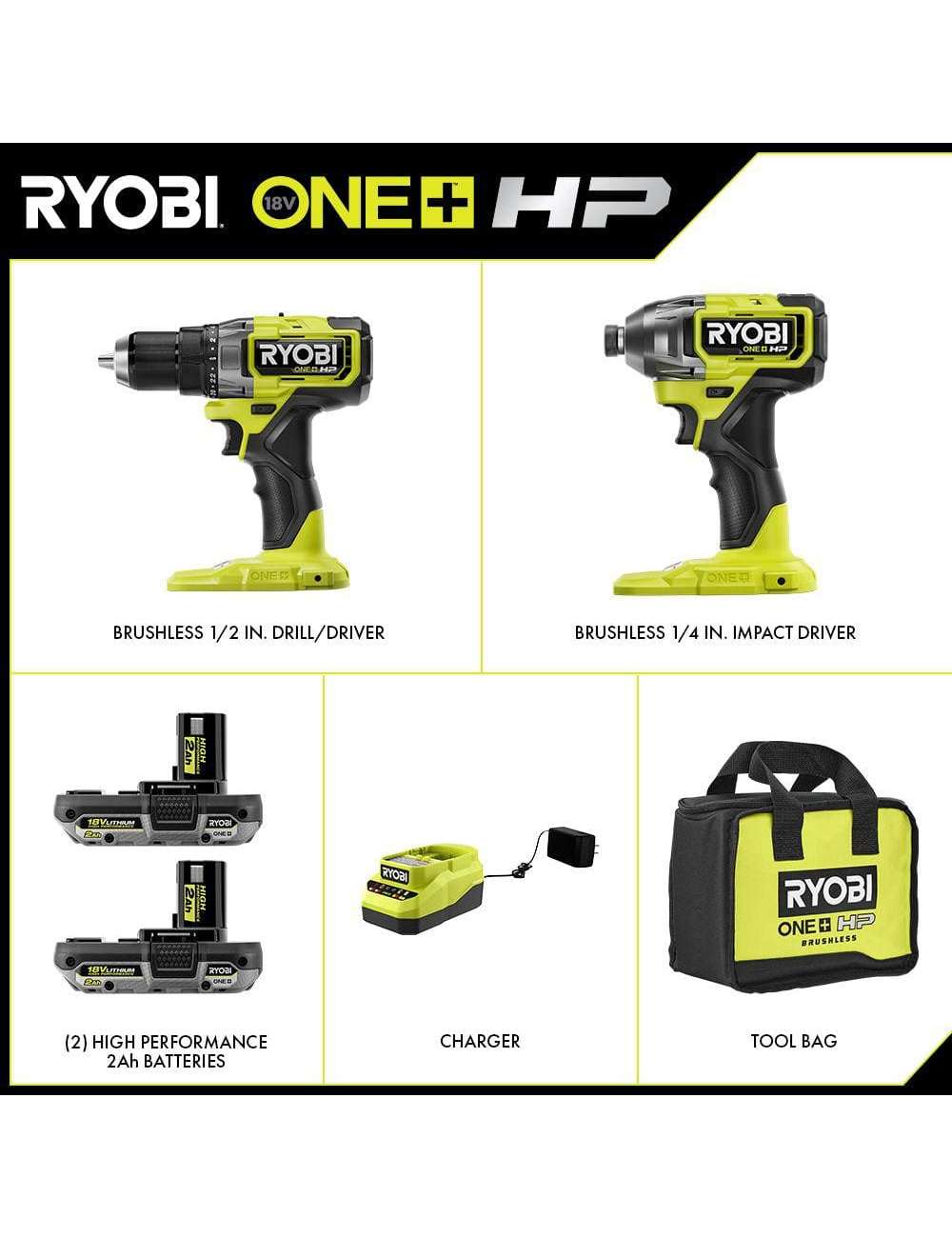 ONE+ HP 18V Brushless Cordless 1/2 in. Drill/Driver and Impact Driver Kit w/(2) 2.0 Ah Batteries, Charger, and Bag
