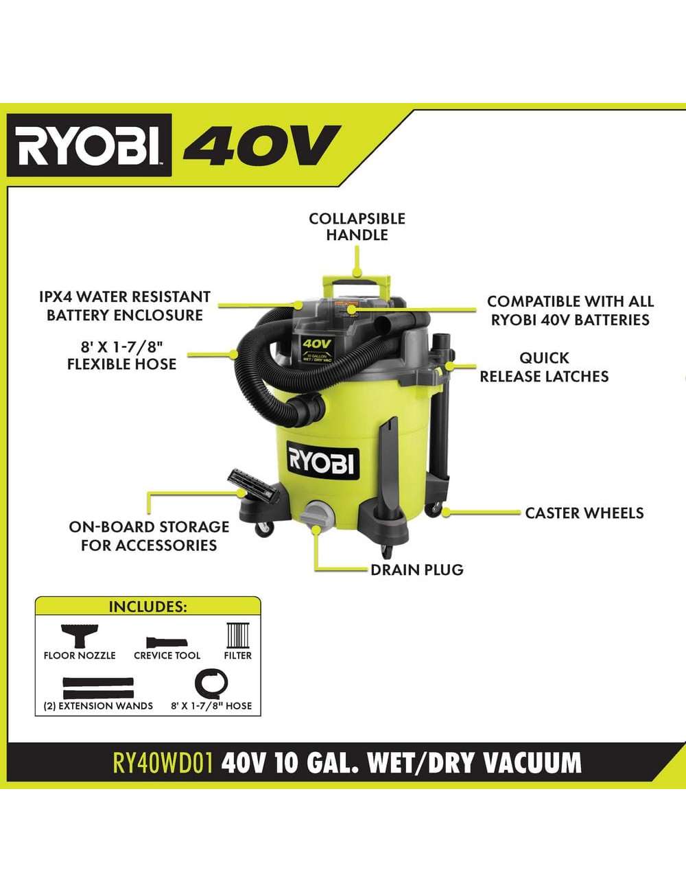 40V 10 Gal. Cordless Wet/Dry Vacuum (Tool Only)