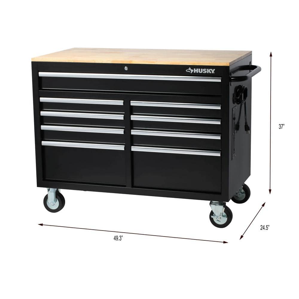 46 in. W x 24 5 in. D Standard Duty 9 Drawer Mobile Workbench Cabinet with Solid Wood Top in. Gloss Black