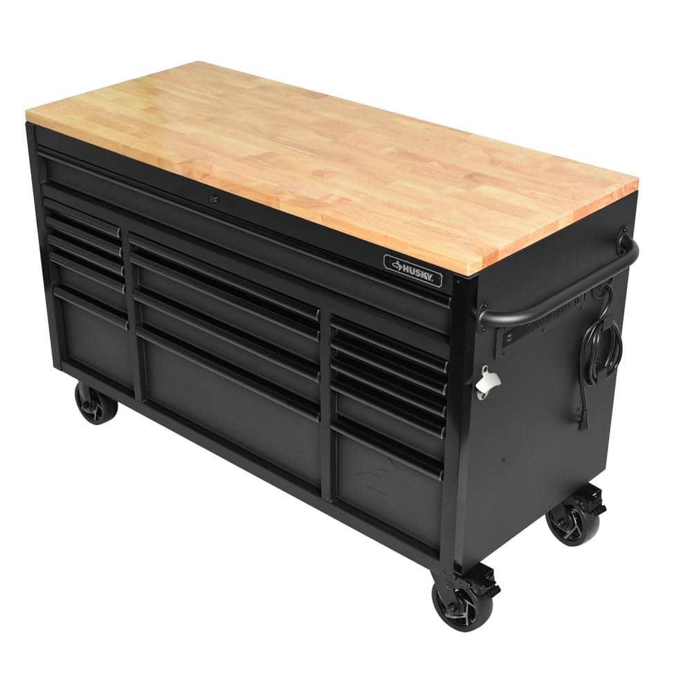 61 in. W x 23 in. D Heavy Duty 15 Drawer Mobile Workbench Tool Chest with Solid Wood Top in. Matte Black