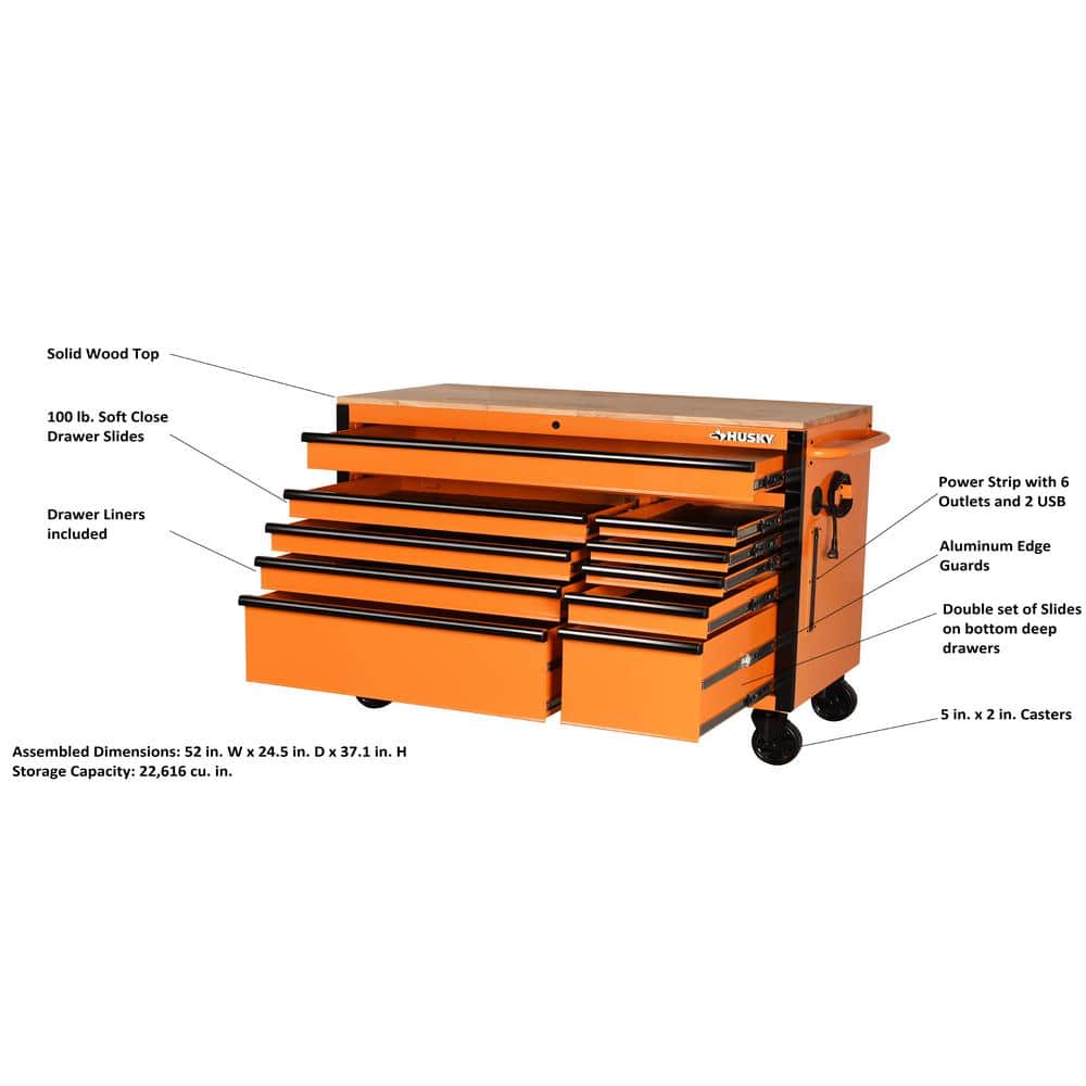 52 in. W x 24 5 in. D Standard Duty 10 Drawer Mobile Workbench Tool Chest with Solid Wood Work Top in. Gloss Orange