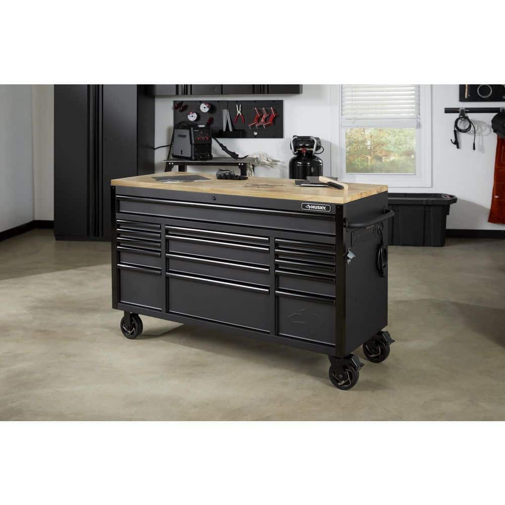 61 in. W x 23 in. D Heavy Duty 15 Drawer Mobile Workbench Tool Chest with Solid Wood Top in. Matte Black