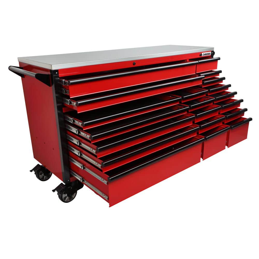 72 in. W x 24 5 in. D Professional Duty 20 Drawer Mobile Workbench Combo w 2 Side Lockers 2 Top Lockers and Top Hutch