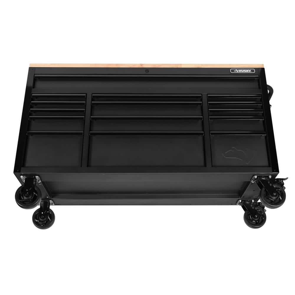 61 in. W x 23 in. D Heavy Duty 15 Drawer Mobile Workbench Tool Chest with Solid Wood Top in. Matte Black