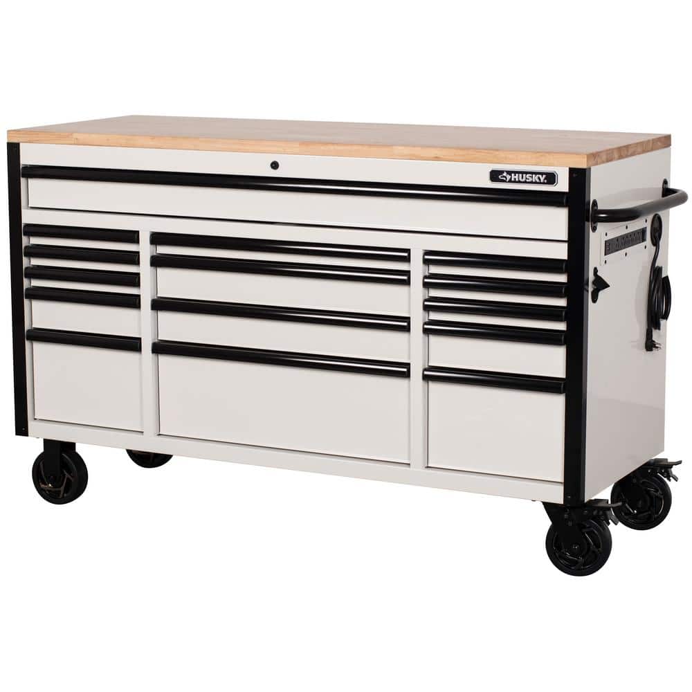 61 in. W x 23 in. D Heavy Duty 15 Drawer Mobile Workbench Tool Chest with Solid Wood Top in. Matte Black