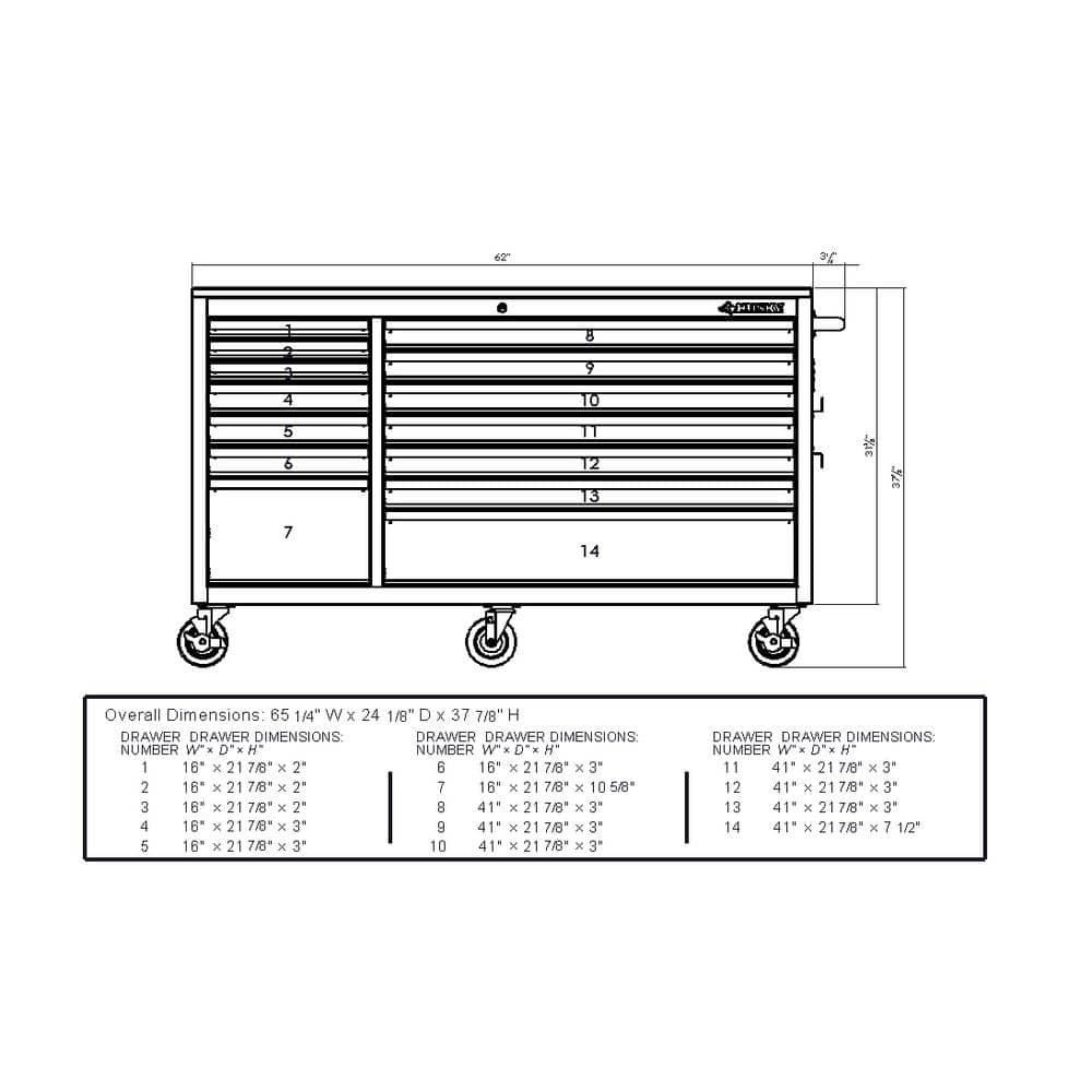 62 in. W x 24 in. D Standard Duty 14 Drawer Mobile Workbench Tool Chest with Solid Top and Pegboard in. Stainless Steel