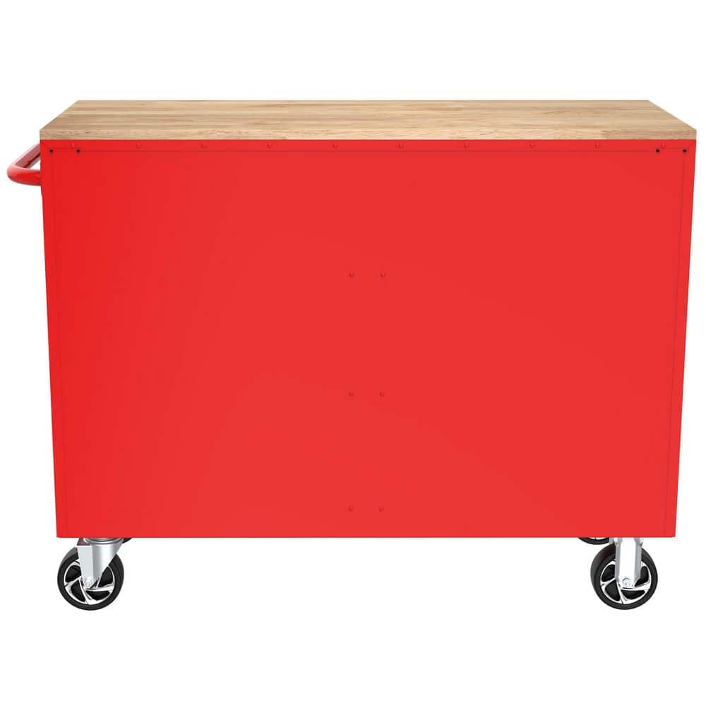 46 in. W x 18 in. D 9 Drawer Gloss Red Mobile Workbench Cabinet with Solid Wood Top