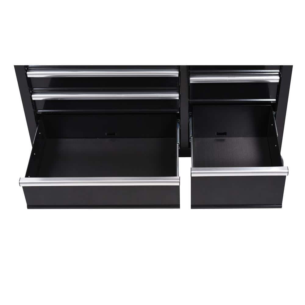 42 in. W x 18 1 in. D 8 Drawer Black Mobile Workbench Cabinet with Solid Wood Top
