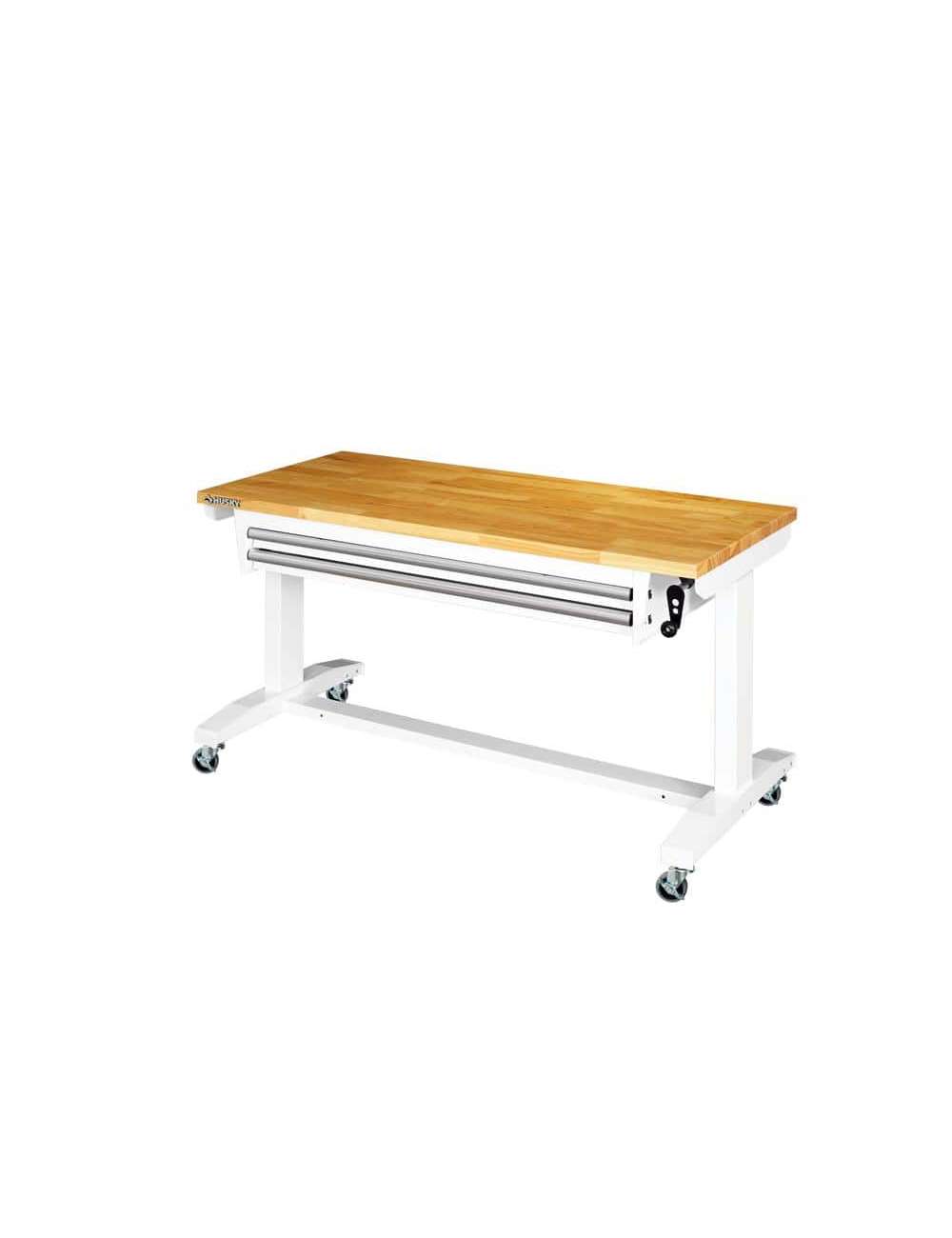 52 in. W x 24 in. D Steel 2-Drawer Adjustable Height Solid Wood Top Workbench Table in White
