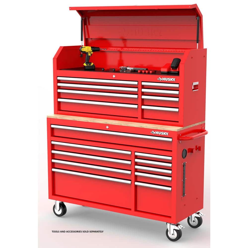 Modular 52 in. W 10 Drawer Red Mobile Workbench Cabinet with 52 in. 8 Drawer Top Tool Chest