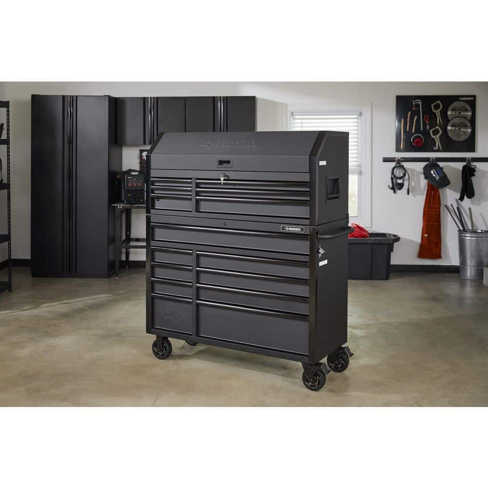 52 in. W x 21 5 in. D Heavy Duty 15 Drawer Combination Rolling Tool Chest Top Tool Cabinet with LED Light in. Matte Black