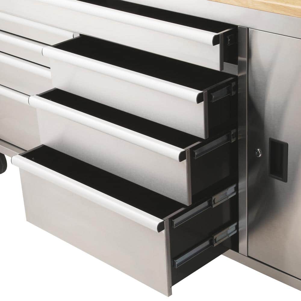 72 in. W x 18 in. D Heavy Duty 8 Drawer 1 Door Mobile Workbench Tool Chest with Solid Wood Top in. Stainless Steel