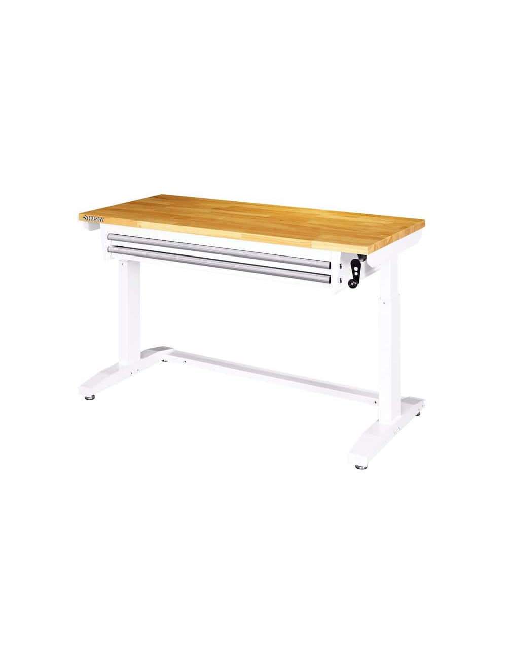 52 in. W x 24 in. D Steel 2-Drawer Adjustable Height Solid Wood Top Workbench Table in White
