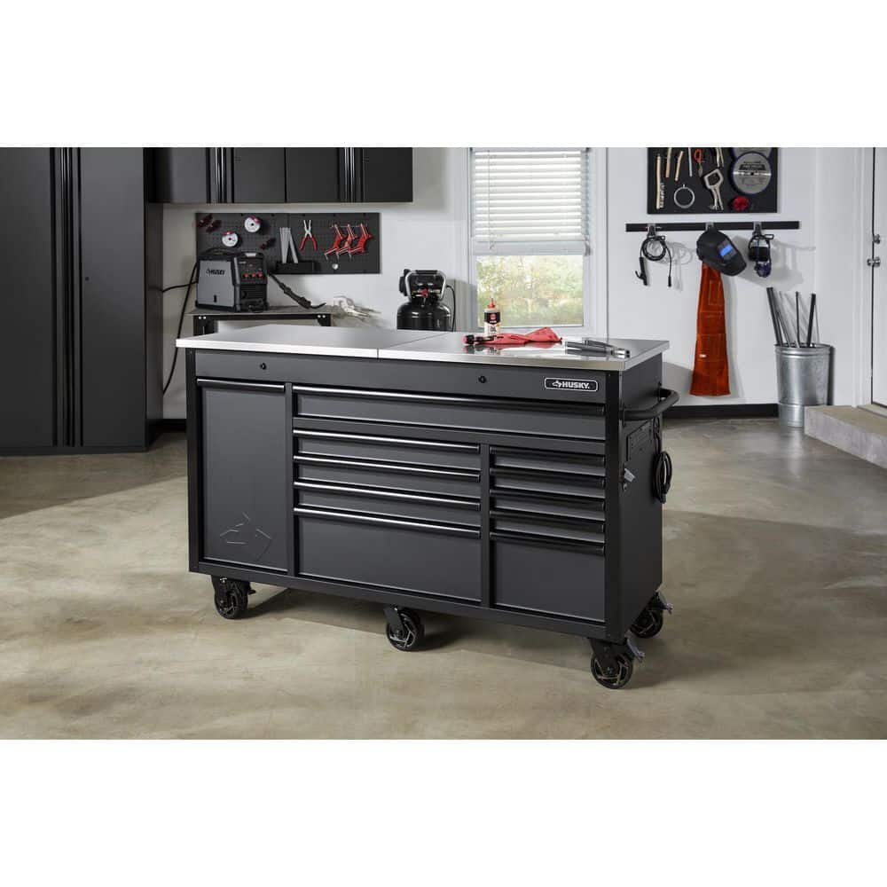 63 in. W x 23 in. D Heavy Duty 11 Drawer Mobile Workbench Cabinet with Flip Top Stainless Steel Top in. Matte Black