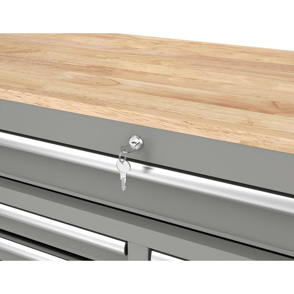 46 in. W x 18 in. D 9 Drawer Gloss Gray Mobile Workbench Cabinet with Solid Wood Top