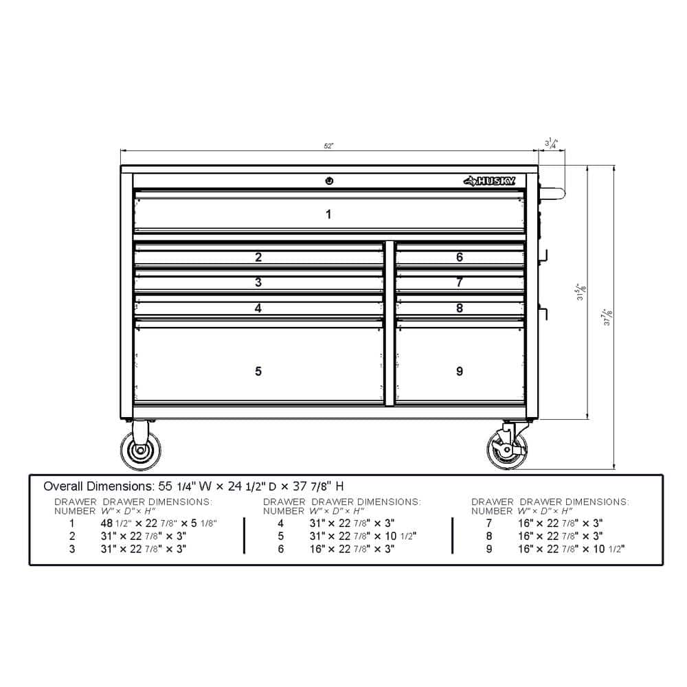 52 in. W x 24 5 in. D 9 Drawer Standard Duty Mobile Workbench Tool Chest with Solid Work Top and Pegboard in. Gloss Red